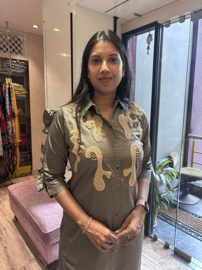 MUD GREEN SEQUENCED ALINE DRESS