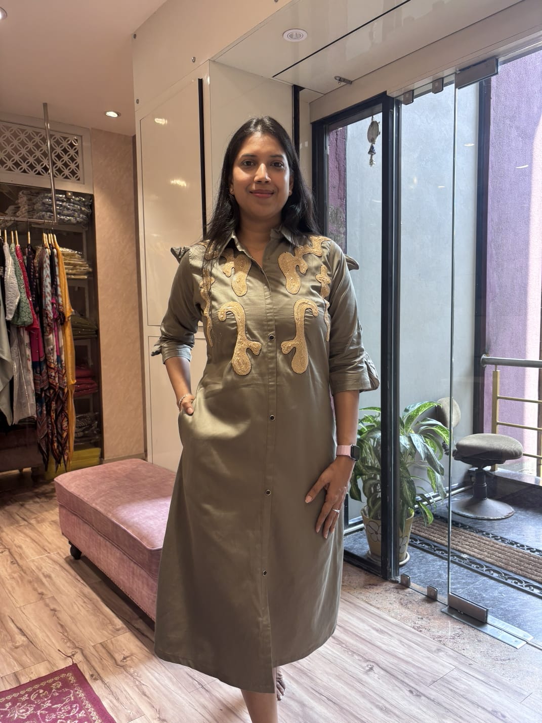 MUD GREEN SEQUENCED ALINE DRESS