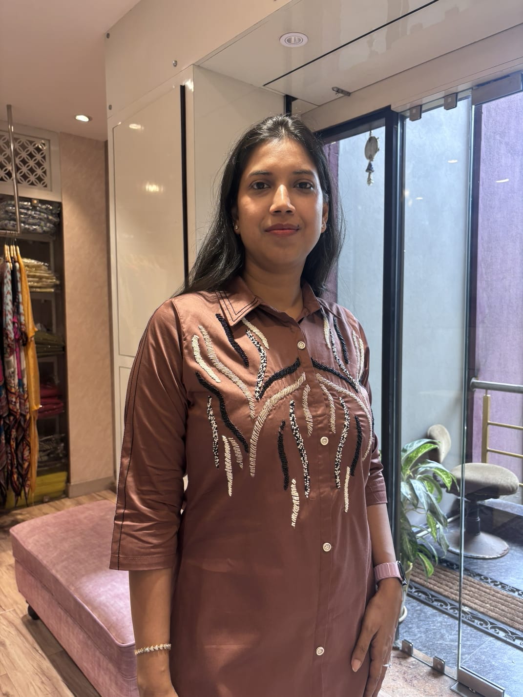BROWN BEADS EMBROIDERED ALINE DRESS