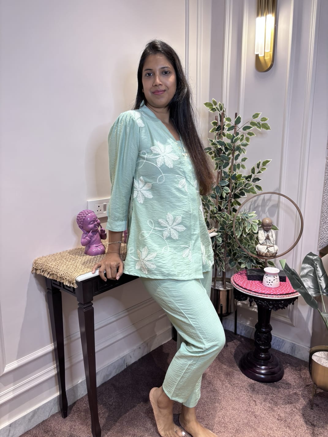 LIGHT GREEN THREAD EMBROIDERED COORD SET