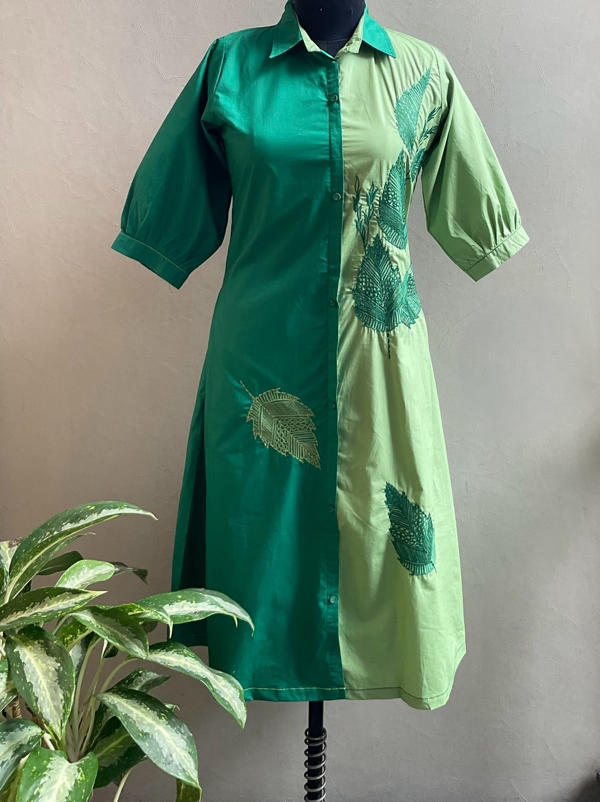 GREEN DUET THREAD EMBROIDERED ALINE DRESS