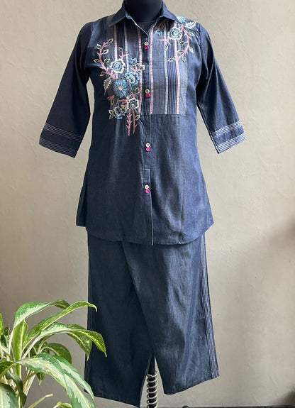 DENIM THREAD EMBROIDERED COORD SET