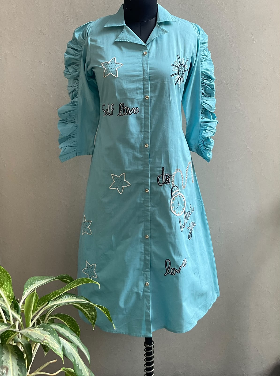 SKY BLUE SELF LOVE RUFFLE SLEEVES ALINE DRESS