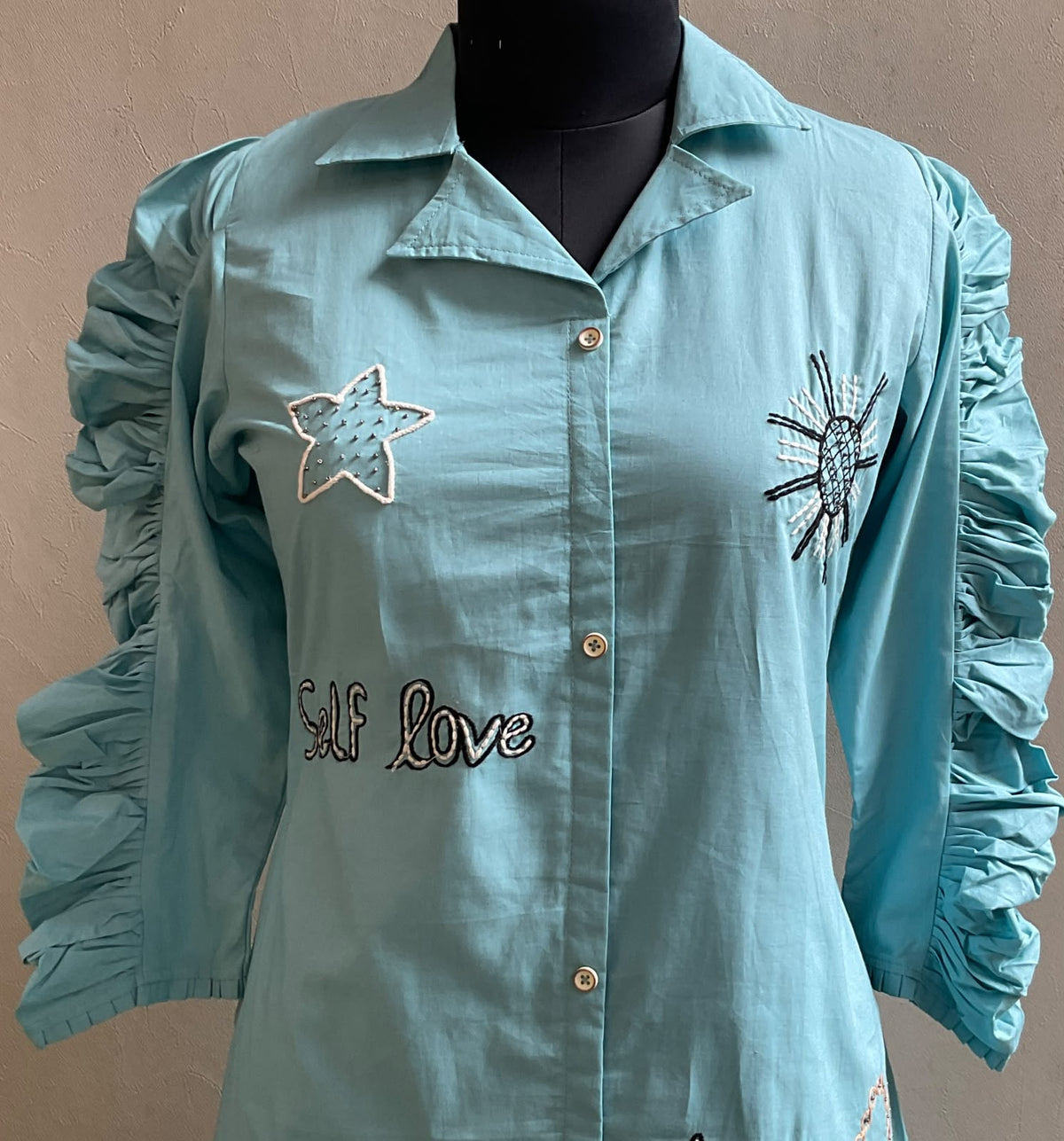 SKY BLUE SELF LOVE RUFFLE SLEEVES ALINE DRESS