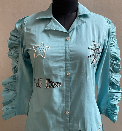 SKY BLUE SELF LOVE RUFFLE SLEEVES ALINE DRESS