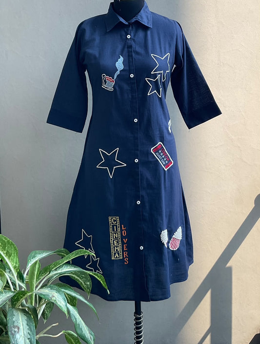 NAVY BLUE THREAD EMBROIDERED ALINE DRESS