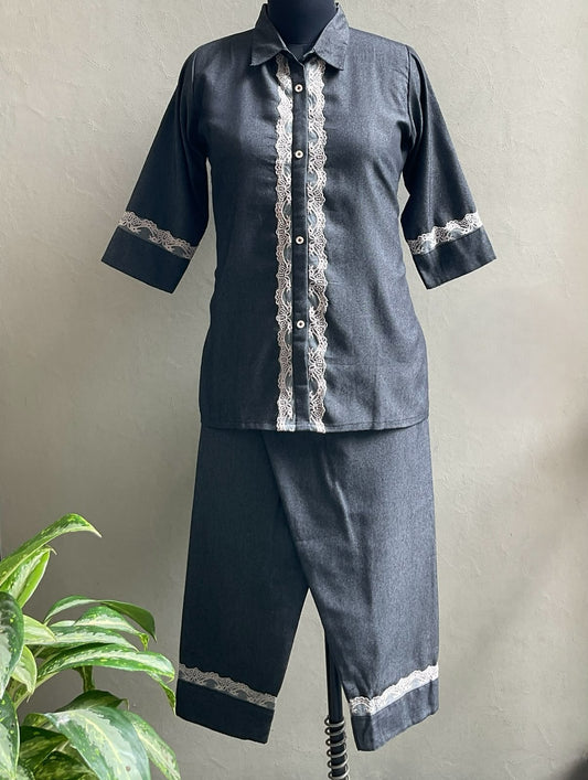 GREY DENIM LACE HIGHLIGHTED CO-ORD SET