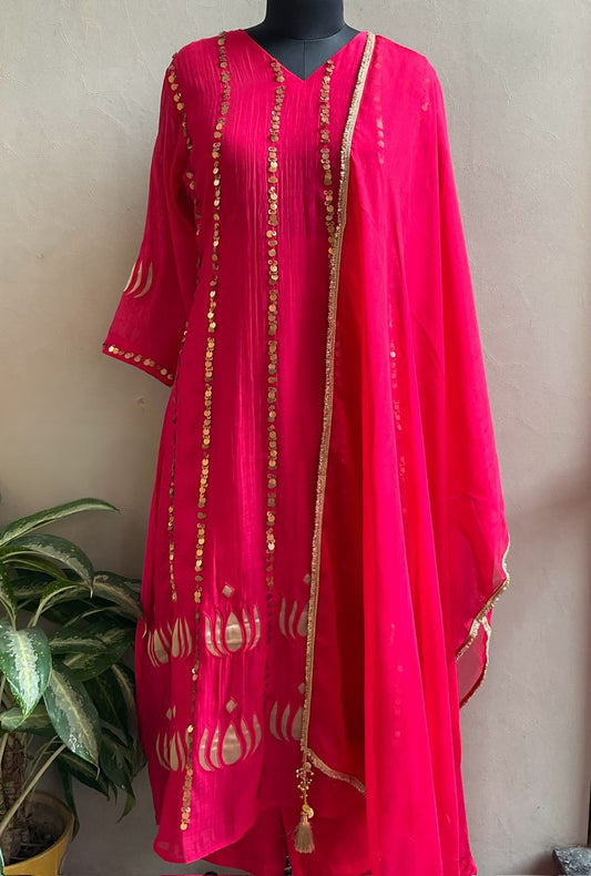 RED TISSUE PATCHED KURTA SET