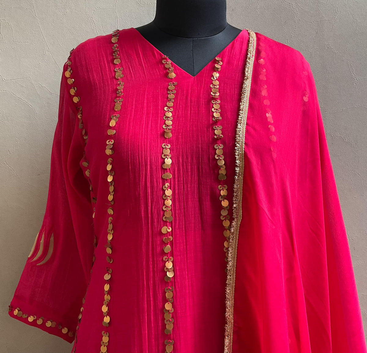 RED TISSUE PATCHED KURTA SET