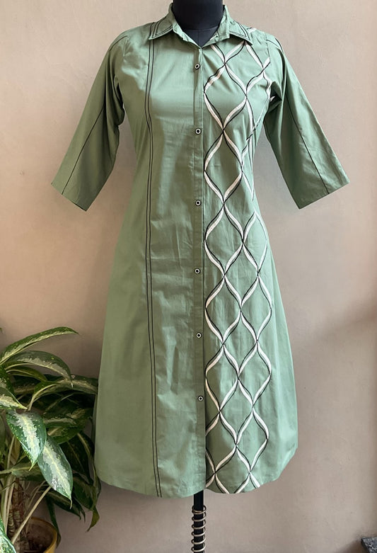 DUSTY GREEN ONE SIDED THREAD EMBROIDERED ALINE DRESS