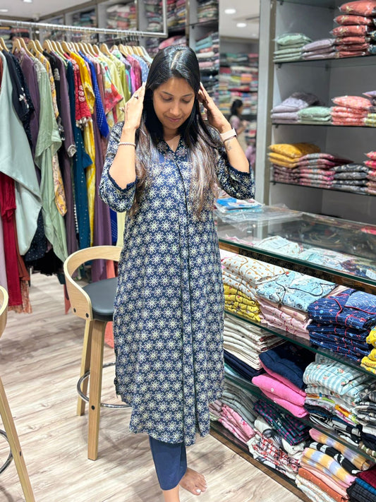 INK BLUE V NECK HAND EMBROIDERED KURTA PANT
