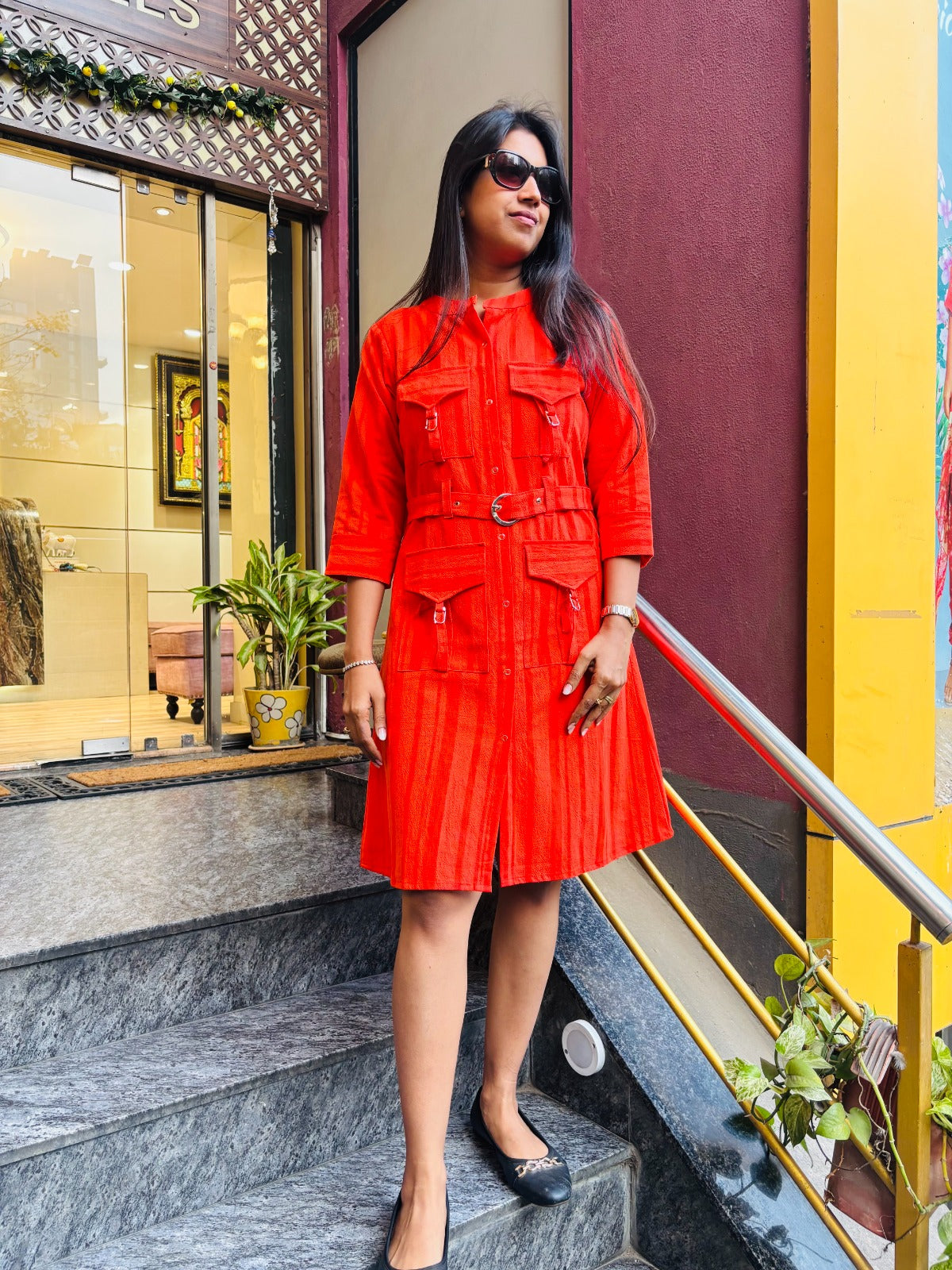 ORANGE FRONT POCKET STYLE ALINE DRESS