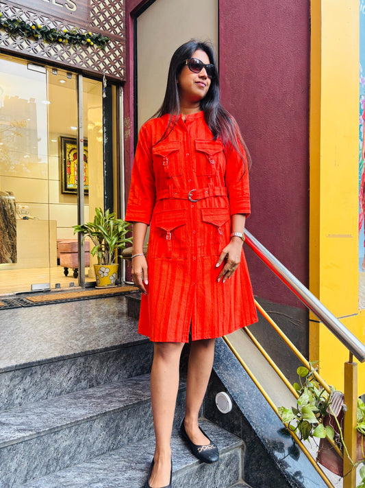 ORANGE FRONT POCKET STYLE ALINE DRESS