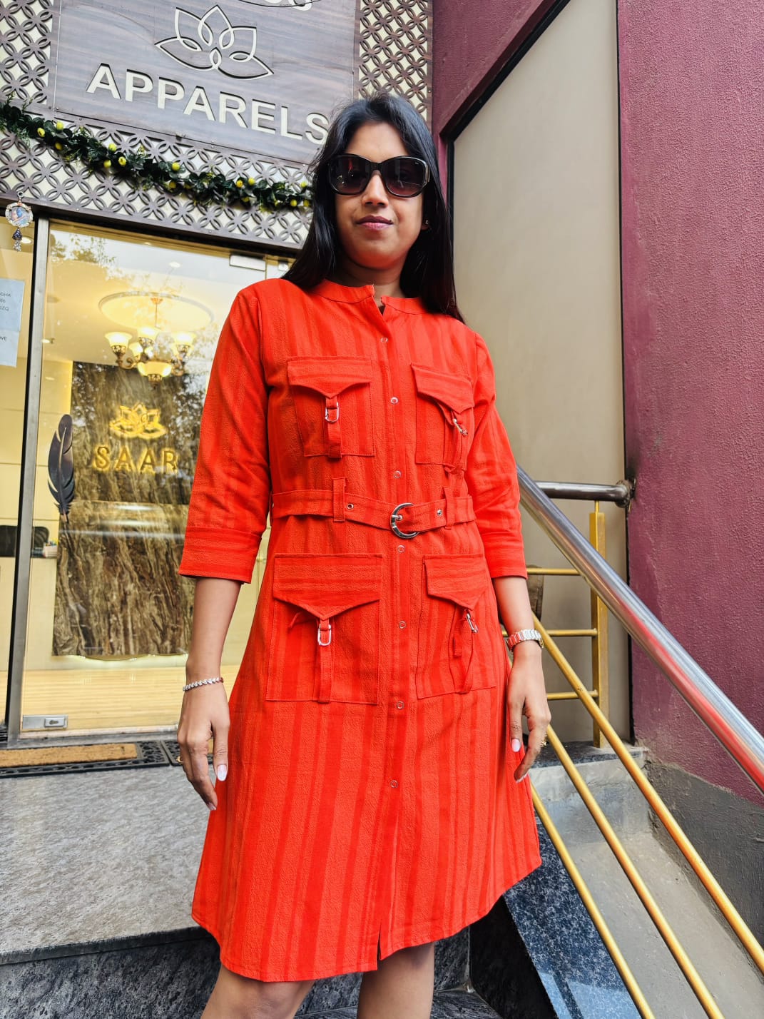 ORANGE FRONT POCKET STYLE ALINE DRESS