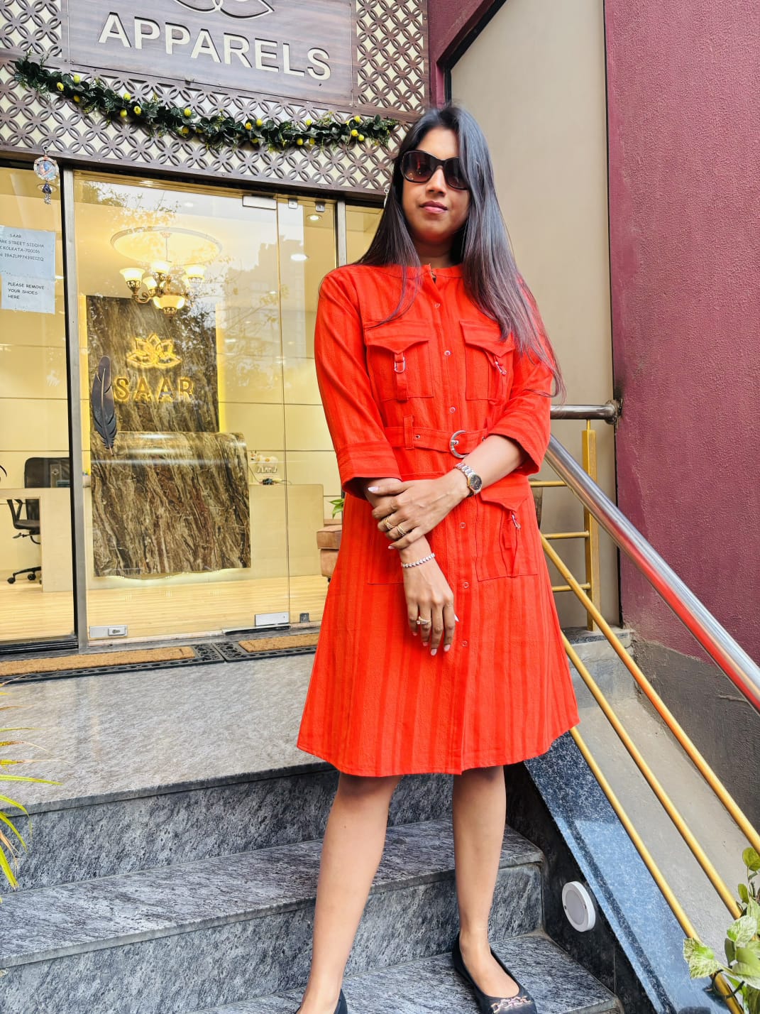 ORANGE FRONT POCKET STYLE ALINE DRESS