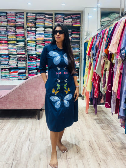 TEAL BLUE BUTTERFLY APPLIQUE ALINE DRESS