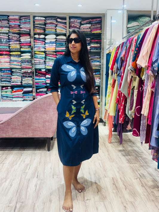 TEAL BLUE BUTTERFLY APPLIQUE ALINE DRESS