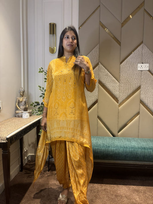 YELLOW DIGITAL PRINTED TALE CUT CO-ORD SET