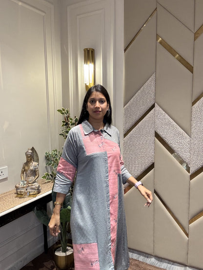 GREY AND PINK PATCHED ALINE DRESS