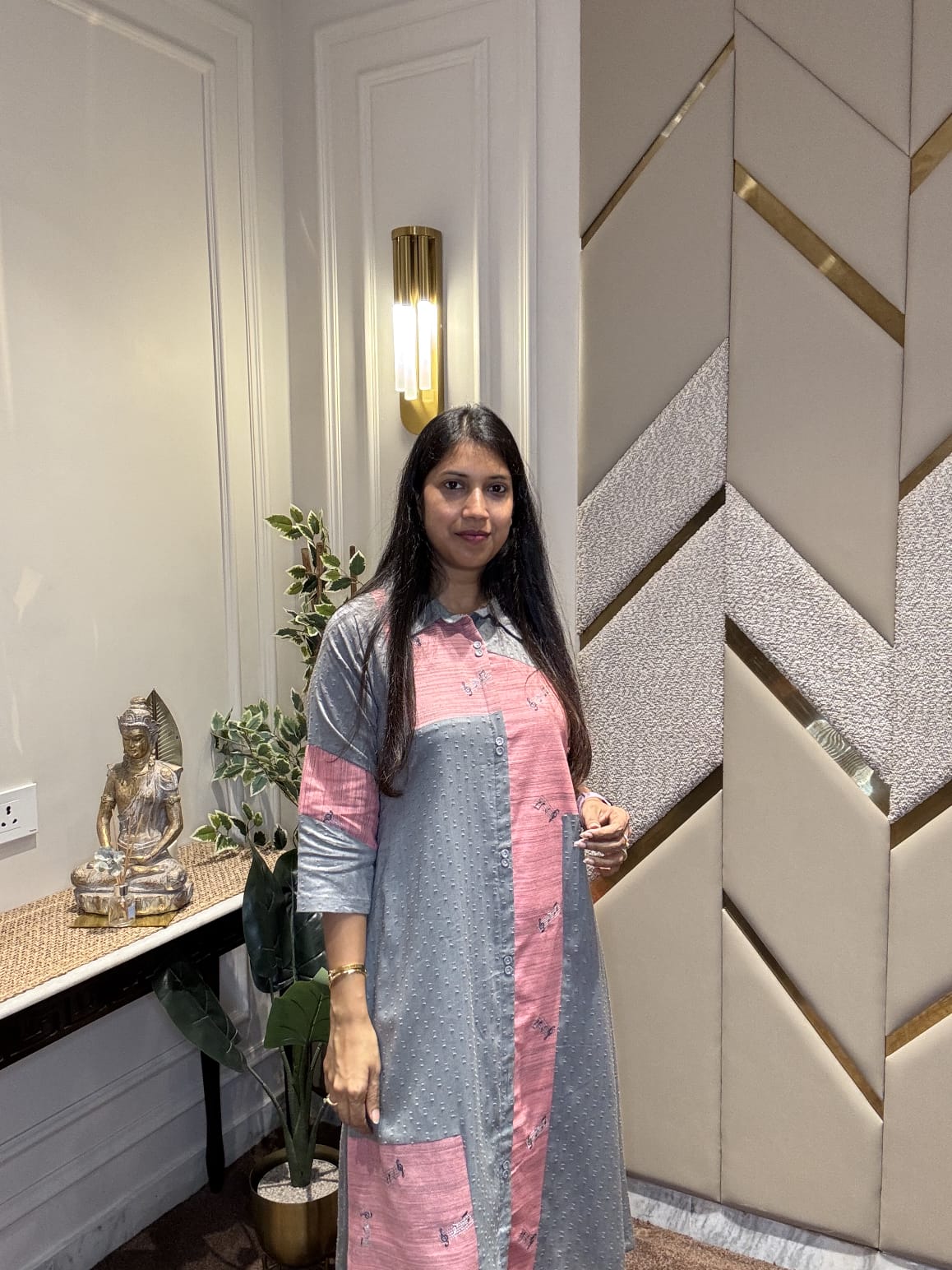 GREY AND PINK PATCHED ALINE DRESS