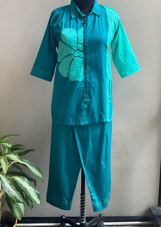 TEAL BLUE APPLIQUE WORK COORD SET