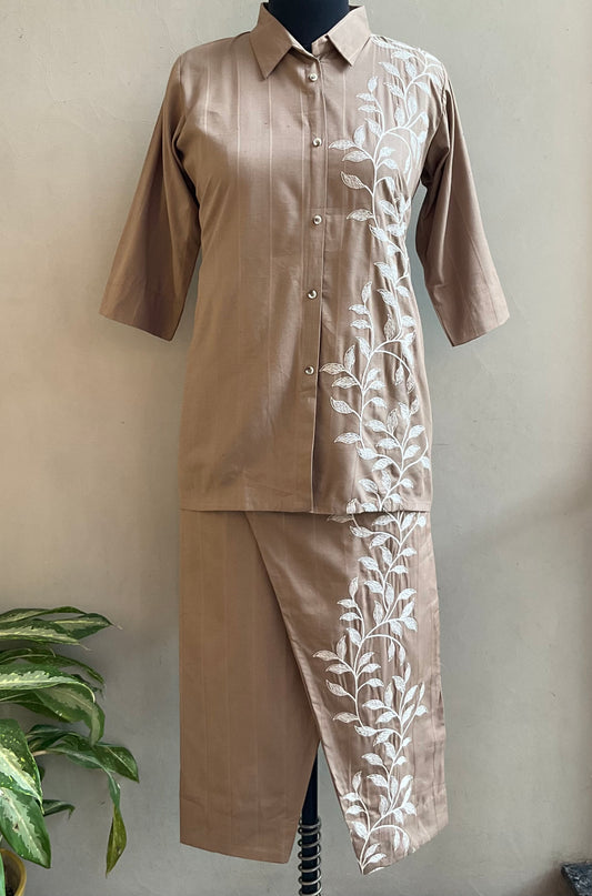BEIGE THREAD EMBROIDERED COORD SET