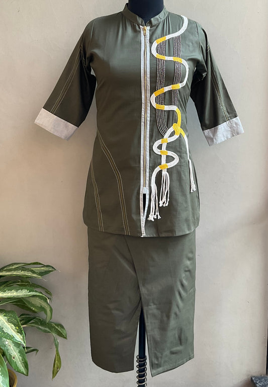 OLIVE GREEN DORI WITH BEADS EMBROIDERED COORD SET