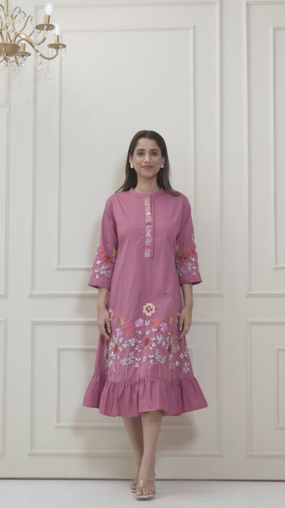MAGENTA PINK EMBROIDERED FRILL ALINE DRESS