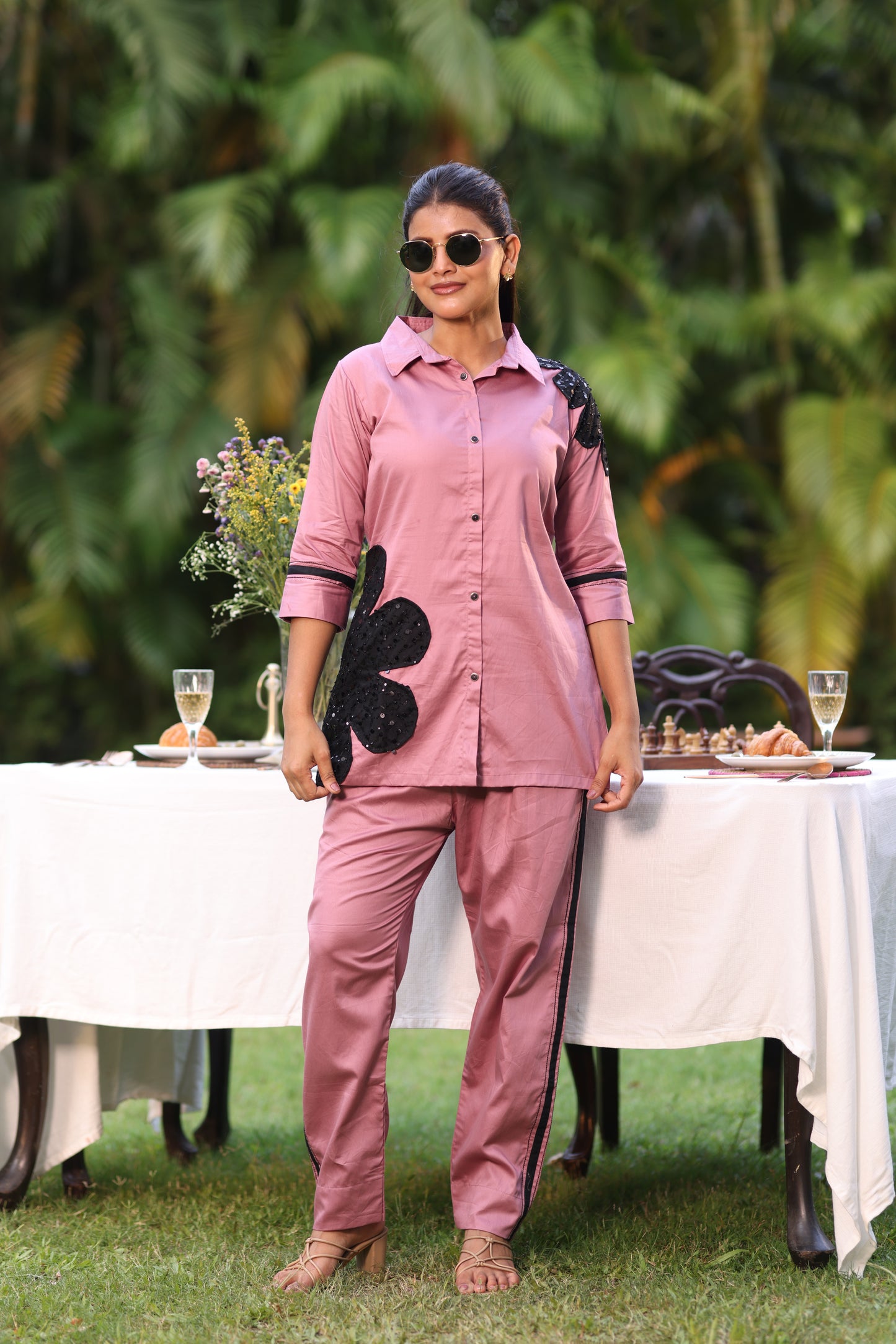 MAGENTA EMBROIDERED PATCHED COORD SET
