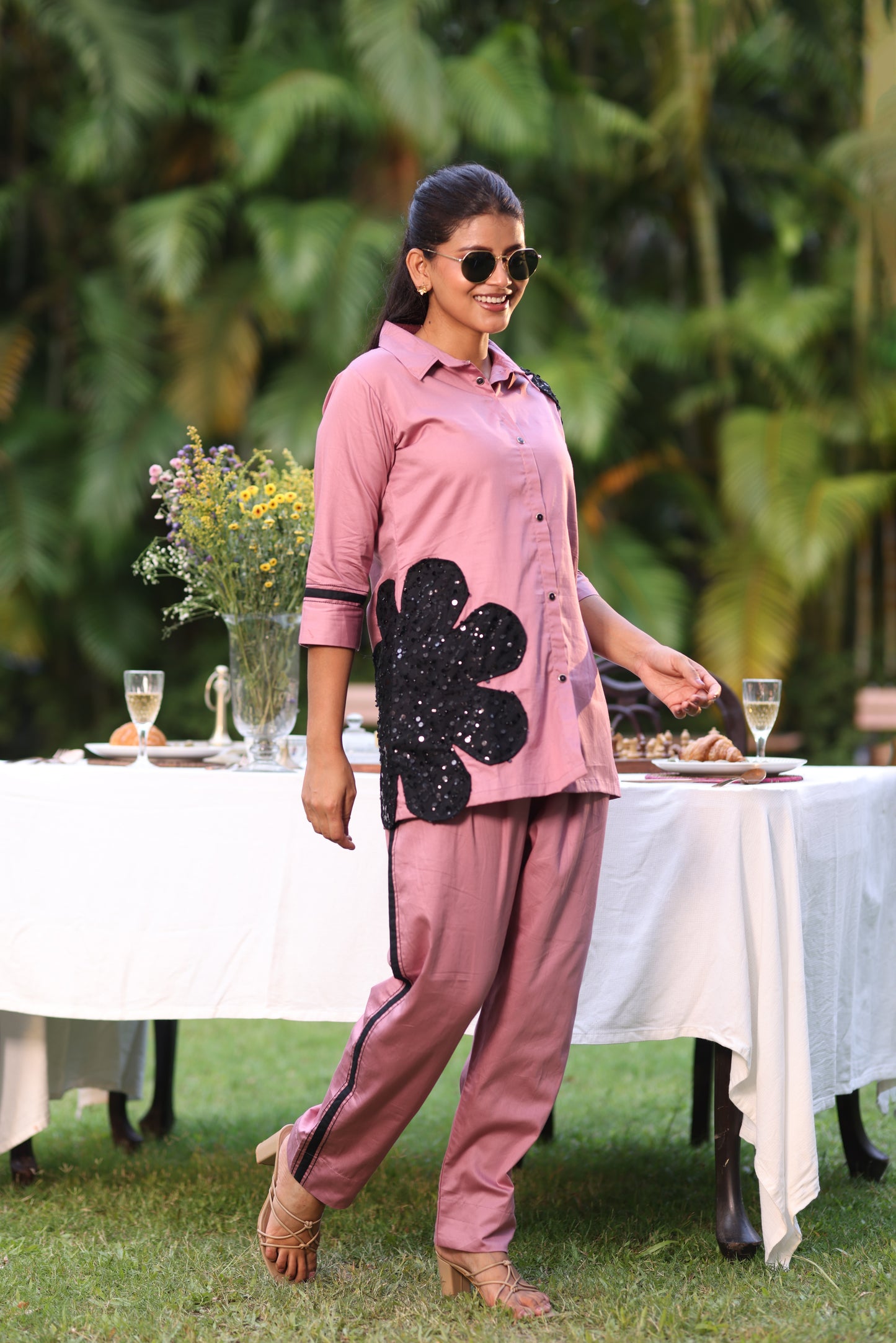 MAGENTA EMBROIDERED PATCHED COORD SET