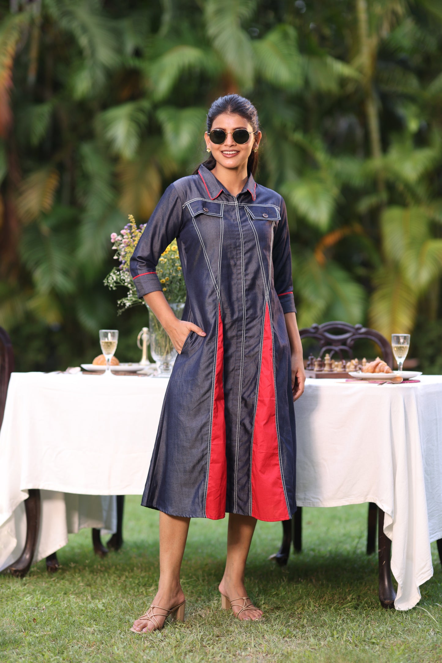 DENIM THREAD ANCHORED ALINE DRESS