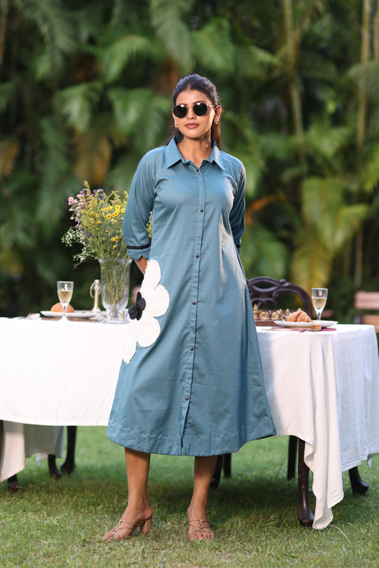 SEA BLUE HEAVY SEQUENCE PATCHED ALINE DRESS