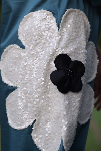 SEA BLUE HEAVY SEQUENCE PATCHED ALINE DRESS