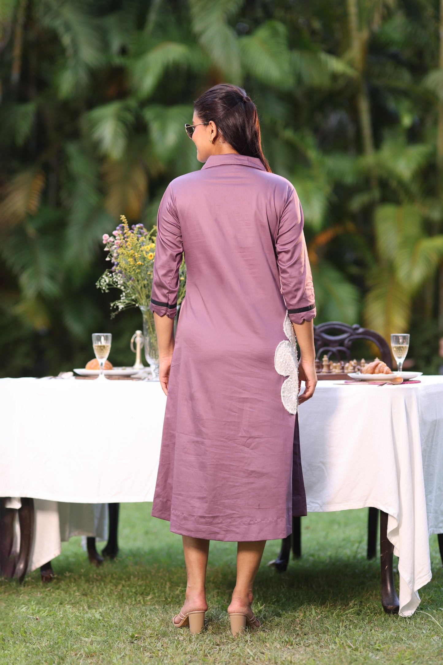 MULBERRY PINK HEAVY SEQUENCED PATCHED ALINE DRESS