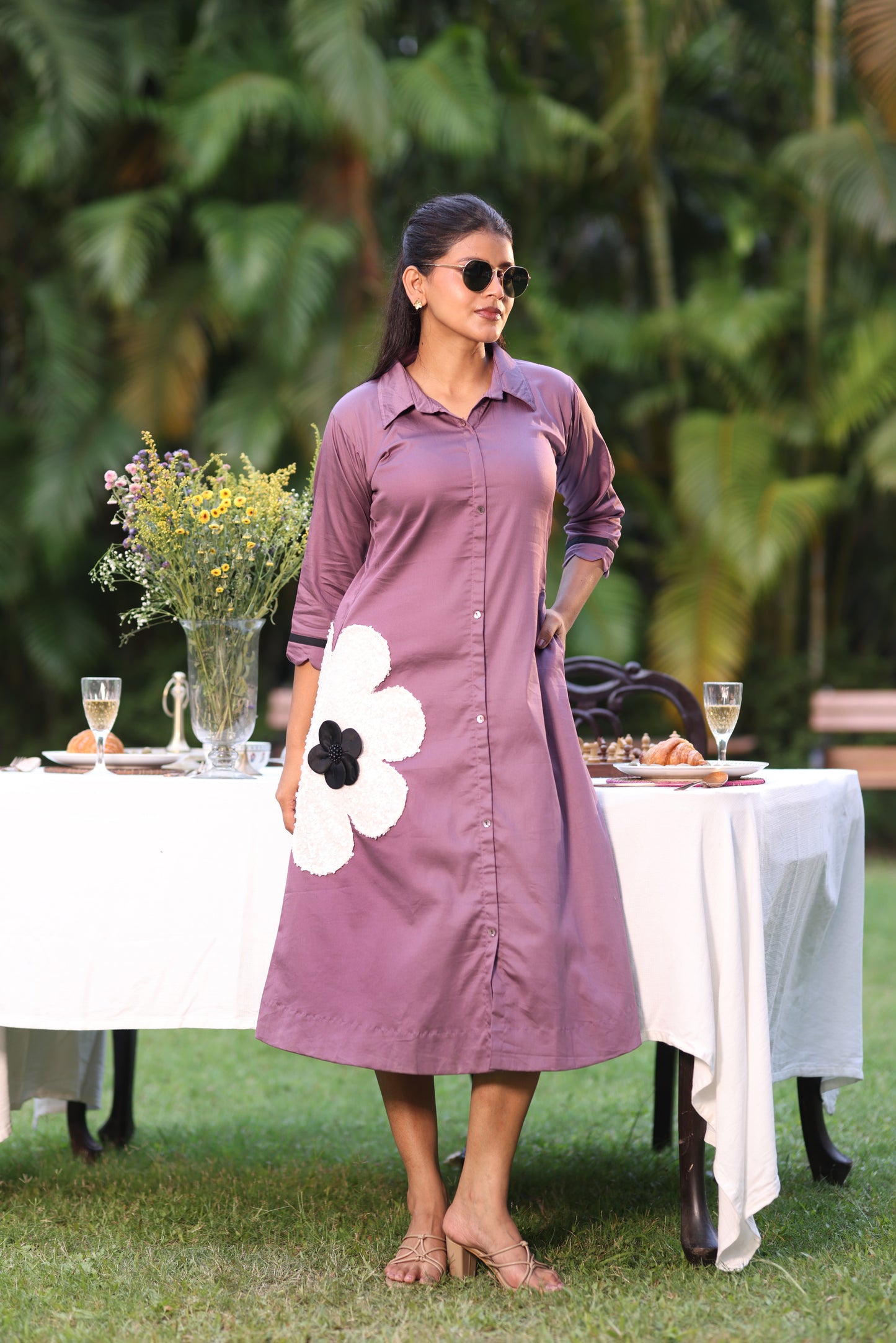 MULBERRY PINK HEAVY SEQUENCED PATCHED ALINE DRESS