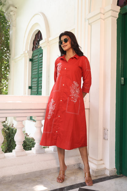 TOMATO RED THREAD EMBROIDERED ALINE DRESS