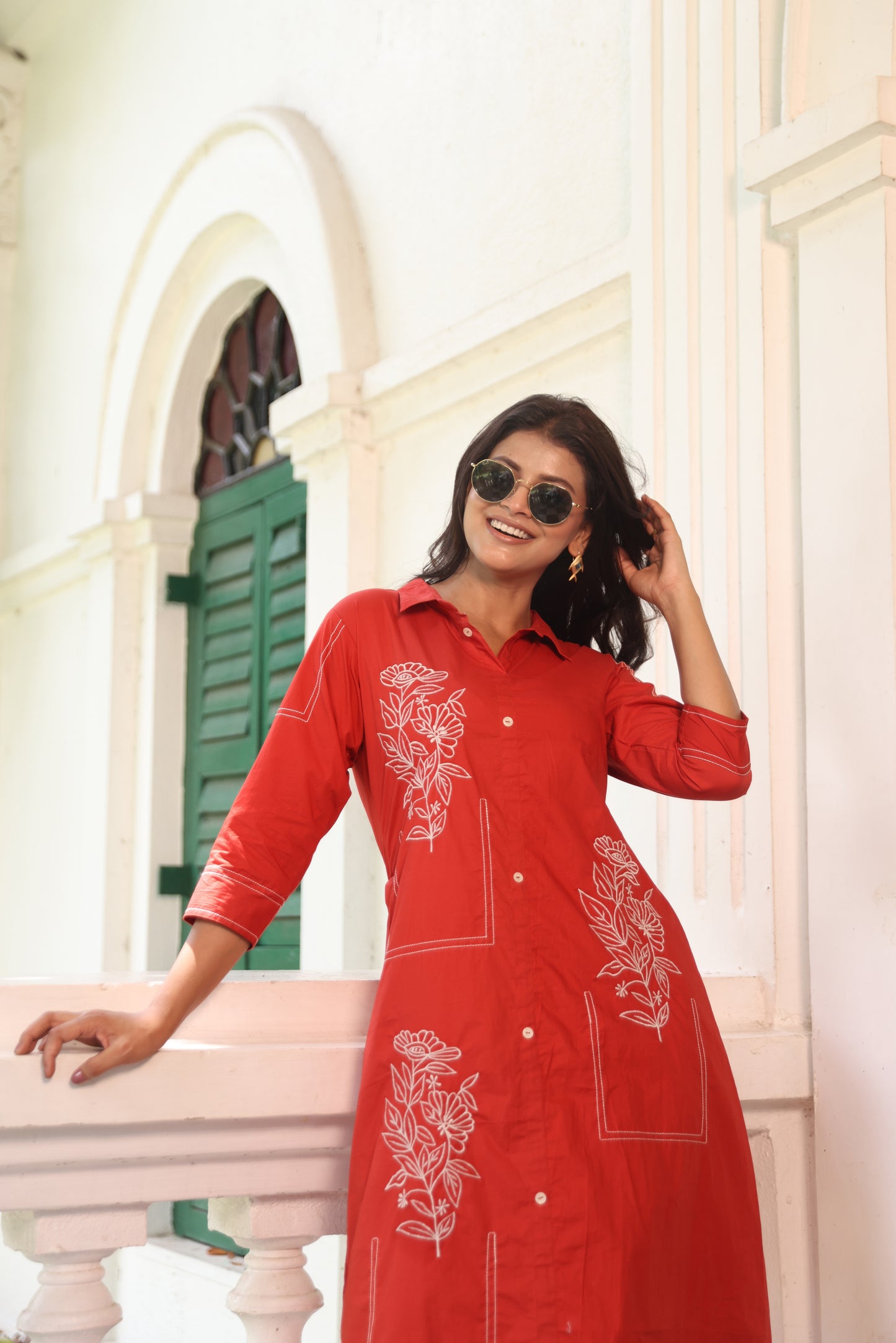 TOMATO RED THREAD EMBROIDERED ALINE DRESS