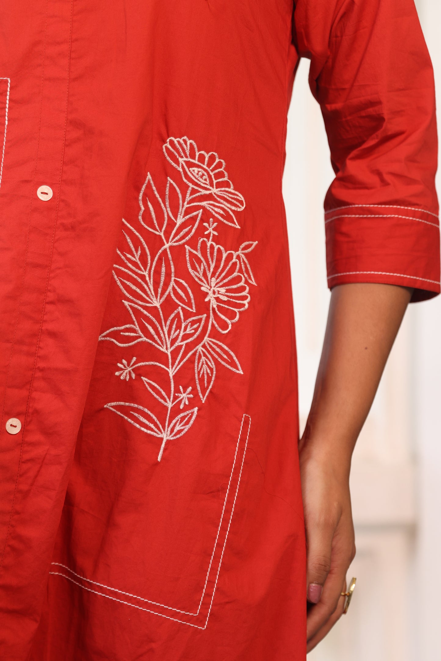 TOMATO RED THREAD EMBROIDERED ALINE DRESS