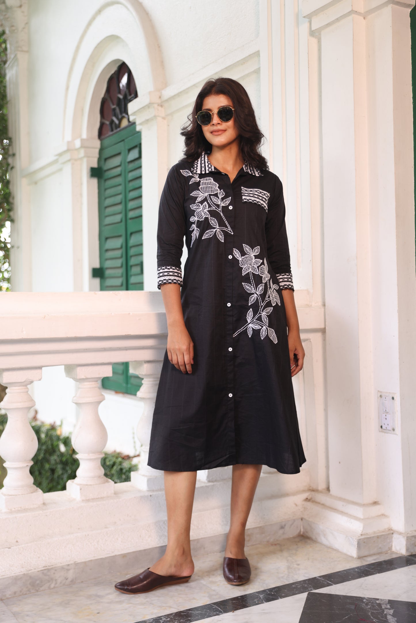 BLACK THREAD EMBROIDERED ALINE DRESS