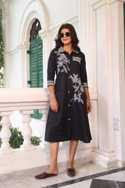 BLACK THREAD EMBROIDERED ALINE DRESS