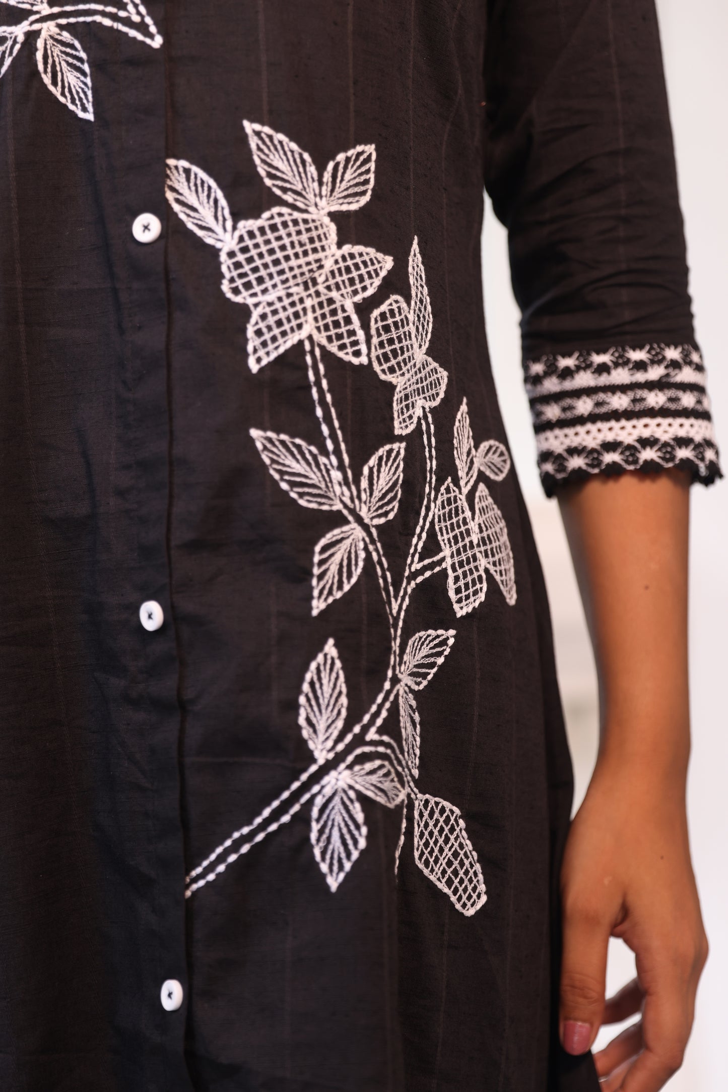 BLACK THREAD EMBROIDERED ALINE DRESS