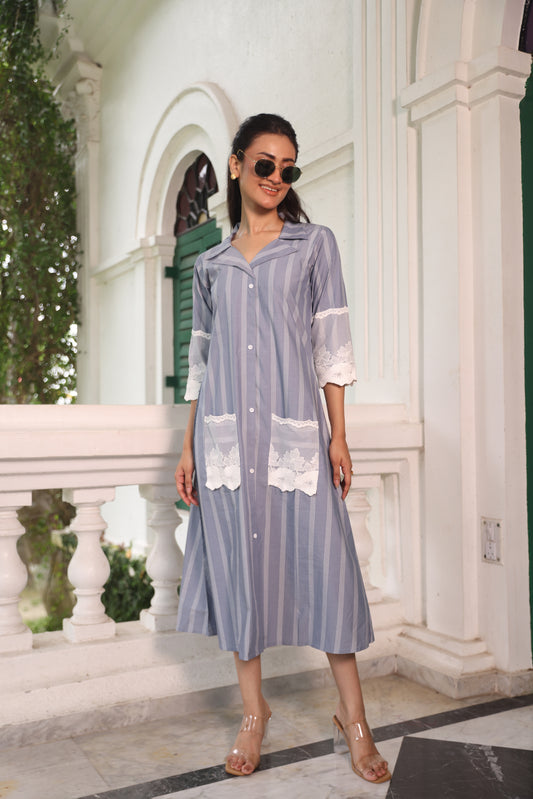 DUSTY BLUE ALINE DRESS WITH NET EMBROIDERY