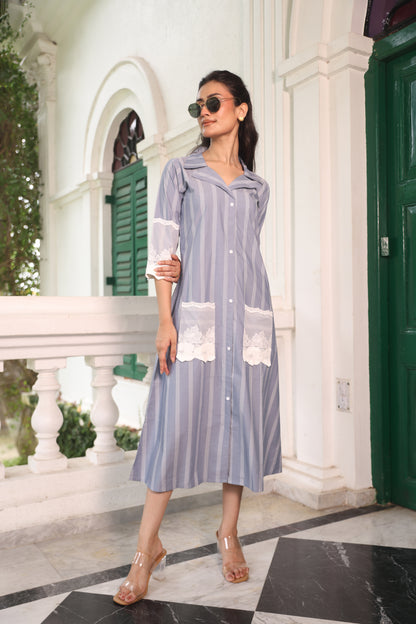 DUSTY BLUE ALINE DRESS WITH NET EMBROIDERY