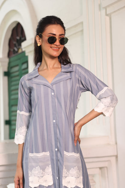 DUSTY BLUE ALINE DRESS WITH NET EMBROIDERY